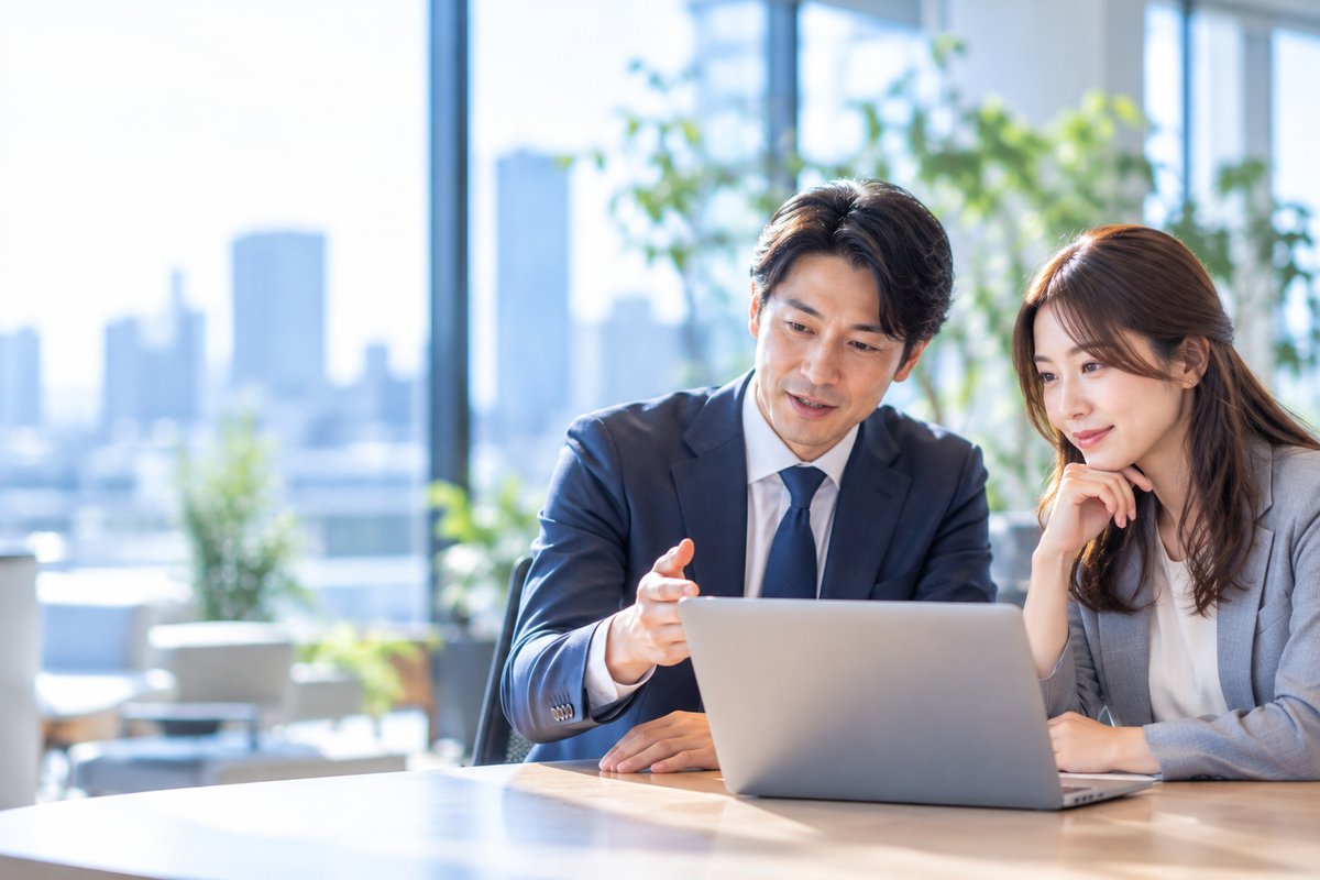 採用AIO対策の進め方をノートPCを見ながら相談する2人の日本人ビジネスパーソン