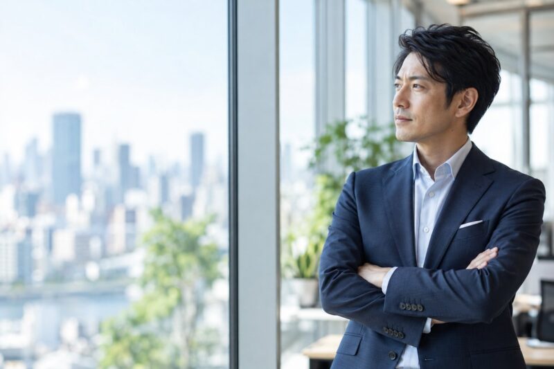 AI検索時代の採用に向き合うべきか考える、窓辺に立つ日本人ビジネスマン
