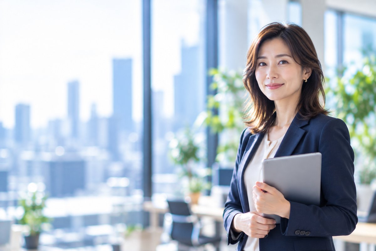 人材紹介とAI検索最適化の両方を担う採用支援のイメージ（タブレットを持つ日本人の採用担当プロフェッショナル）
